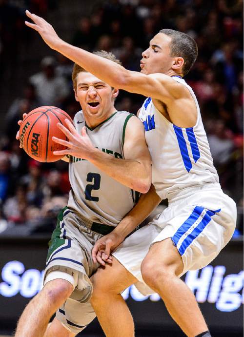Trent Nelson  |  The Salt Lake Tribune
Copper Hills's Trevor Hoffman (2) runs into Bingham's Dason Youngblood (4) as Copper Hills faces Bingham in the 5A state championship high school basketball game at the Huntsman Center in Salt Lake City, Saturday March 5, 2016.