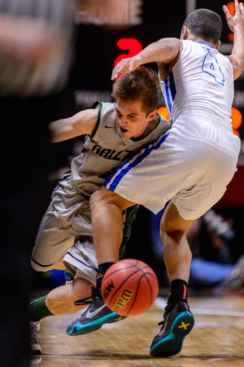 Trent Nelson  |  The Salt Lake Tribune
Copper Hills's Trevor Hoffman (2) runs into Bingham's Dason Youngblood (4) as Copper Hills faces Bingham in the 5A state championship high school basketball game at the Huntsman Center in Salt Lake City, Saturday March 5, 2016.