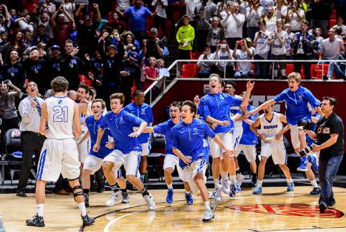 Trent Nelson  |  The Salt Lake Tribune
Bingham players celebrate their win over Copper Hills in the 5A state championship high school basketball game at the Huntsman Center in Salt Lake City, Saturday March 5, 2016.