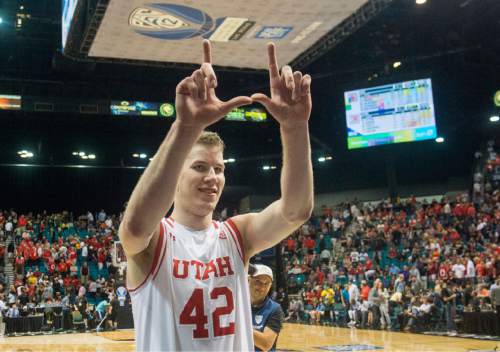 Rick Egan  |  The Salt Lake Tribune

Utah Utes forward Jakob Poeltl (42) salutes the Utah fans, as he leaves the court, as Utah defeated USC Trojans 80-72, at the MGM Arena, in Las Vegas, Thursday, March 10, 2016.