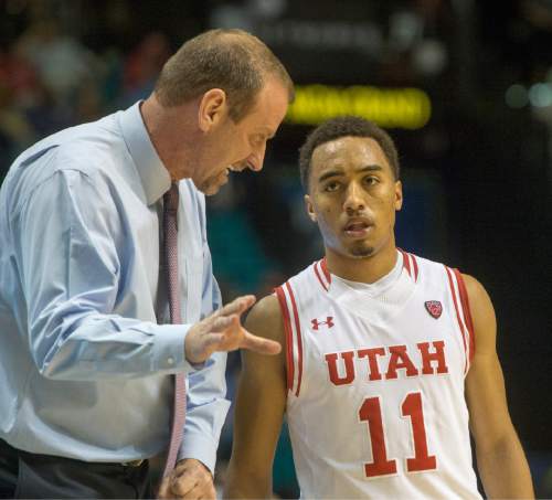 Rick Egan  |  The Salt Lake Tribune

Utah Utes head coach Larry Krystkowiak has a chat with Utah Utes guard Brandon Taylor (11), as Utah defeated USC Trojans 80-72, at the MGM Arena, in Las Vegas, Thursday, March 10, 2016.