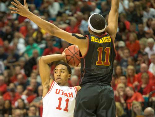 Rick Egan  |  The Salt Lake Tribune

Utah Utes guard Brandon Taylor (11) looks for an open man, asUSC Trojans guard Jordan McLaughlin (11) defends, in PAC-12 Basketball Championship action, as Utah defeated USC Trojans 80-72, at the MGM Arena, in Las Vegas, Thursday, March 10, 2016.