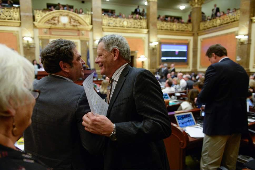 Francisco Kjolseth | The Salt Lake Tribune
Minority Leader Brian King, D-Salt Lake, is embraced by Senator Scott Jenkins, R-Plain City, after members of the Senate joined the House to announce the conclusion of during the legislative session on Thursday, March 10, 2016.