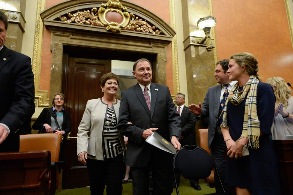 Francisco Kjolseth | The Salt Lake Tribune
Gov. Gary Herbert and his wife Jeanette enter the House of Representatives at the Utah Capitol following the conclusion of the session at midnight on Thursday, March 10, 2016.