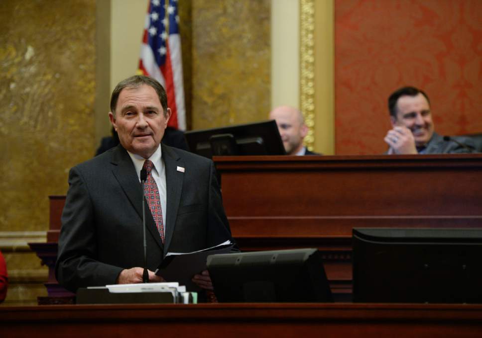 Francisco Kjolseth | The Salt Lake Tribune
Gov. Gary Herbert speaks to the House of Representatives following the conclusion of the session at midnight on Thursday, March 10, 2016.