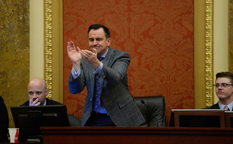 Francisco Kjolseth | The Salt Lake Tribune
Speaker of the House Greg Hughes, applauds the Representatives following the conclusion of the session at midnight on Thursday, March 10, 2016.