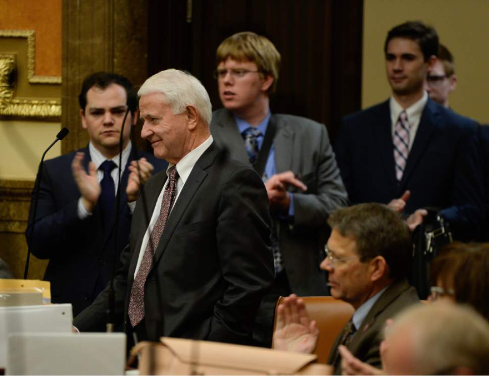 Francisco Kjolseth | The Salt Lake Tribune
Rep. McIff, R-Richfield, who is retiring from the Legislature is applauded after saying a few words on the last night of the session on Thursday, March 10, 2016.