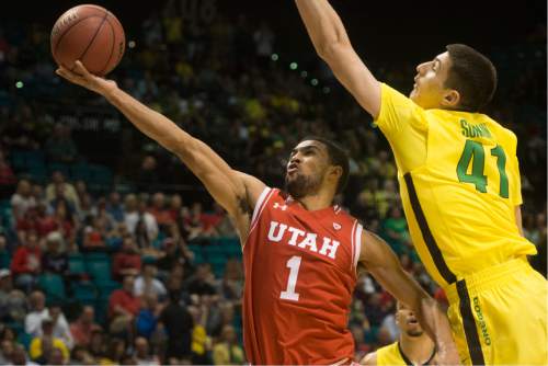 Rick Egan  |  The Salt Lake Tribune

Utah Utes guard Isaiah Wright (1) goes to the hook, as Oregon Ducks forward Roman Sorkin (41) defends, in the PAC-12 Basketball Championship game, The Utah Utes vs.The Oregon Ducks, at the MGM Arena, in Las Vegas, Friday, March 12, 2016.
