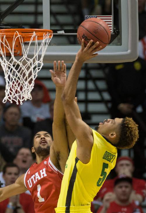Rick Egan  |  The Salt Lake Tribune

Oregon Ducks guard Tyler Dorsey (5) shoots over Utah Utes guard Isaiah Wright (1), in the PAC-12 Basketball Championship game, The Utah Utes vs.The Oregon Ducks, at the MGM Arena, in Las Vegas, Friday, March 12, 2016.