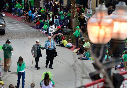 Scott Sommerdorf   |  The Salt Lake Tribune  
Two men march for Homeless Awareness in the 40th annual St. Patrick's Day parade organized by the Hibernian Society of Utah, Saturday, March 12, 2016.