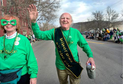 Scott Sommerdorf   |  The Salt Lake Tribune  
"Hibernian of the Year" Neil O'Connor marches in the 40th annual St. Patrick's Day organized by the Hibernian Society of Utah, Saturday, March 12, 2016.