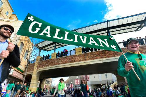 Scott Sommerdorf   |  The Salt Lake Tribune  
A contingent of Gallivans march in the 40th annual St. Patrick's Day parade  organized by the Hibernian Society of Utah, Saturday, March 12, 2016.