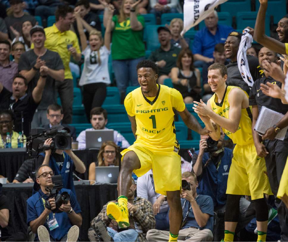 Rick Egan  |  The Salt Lake Tribune

The Oregon Ducks celebrate their 30 point lead late in the game, in the PAC-12 Basketball Championship game, The Utah Utes vs.The Oregon Ducks, at the MGM Arena, in Las Vegas, Friday, March 12, 2016.