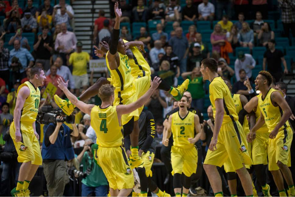 Rick Egan  |  The Salt Lake Tribune

The Oregon Ducks celebrate their 88-57 win over the Utes, in the PAC-12 Basketball Championship game, The Utah Utes vs.The Oregon Ducks, at the MGM Arena, in Las Vegas, Friday, March 12, 2016.