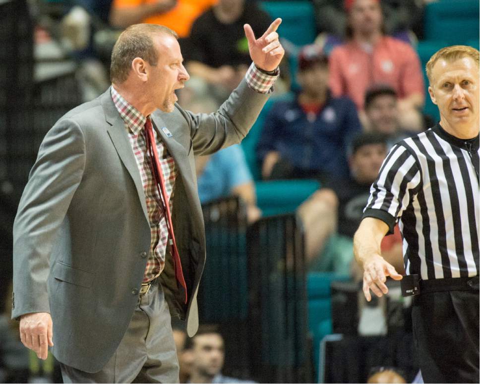 Rick Egan  |  The Salt Lake Tribune

Utah Utes head coach larry Krystkowiak has a few words for the referee, in PAC-12 Basketball Championship semi-finals, Utah Utes vs.The California Golden Bears, at the MGM Arena, in Las Vegas, Friday, March 11, 2016.