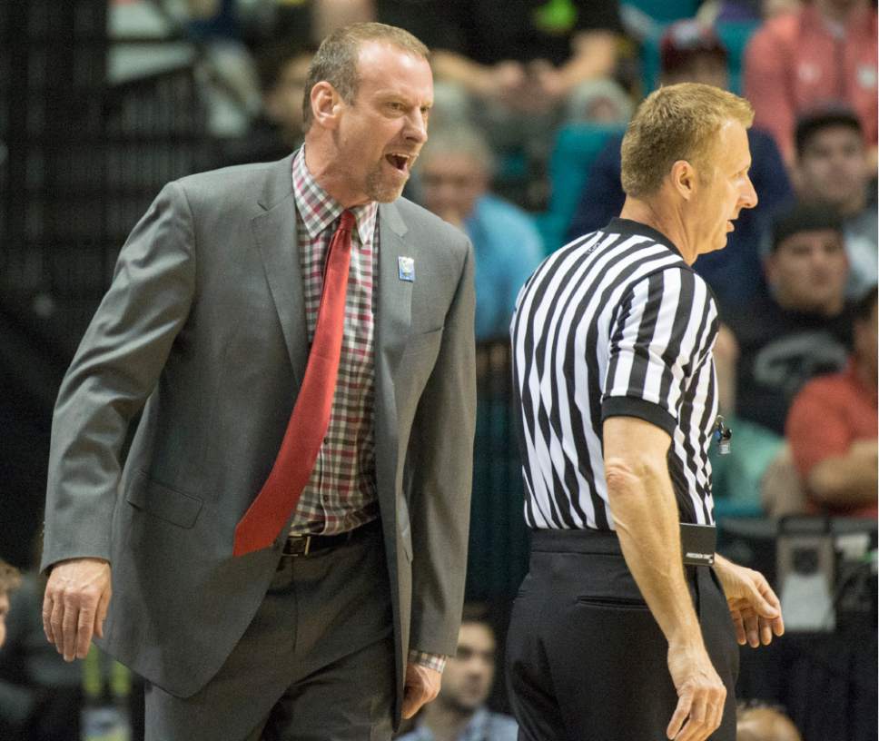 Rick Egan  |  The Salt Lake Tribune

Utah Utes head coach larry Krystkowiak has a few words for the referee, in PAC-12 Basketball Championship semi-finals, Utah Utes vs.The California Golden Bears, at the MGM Arena, in Las Vegas, Friday, March 11, 2016.