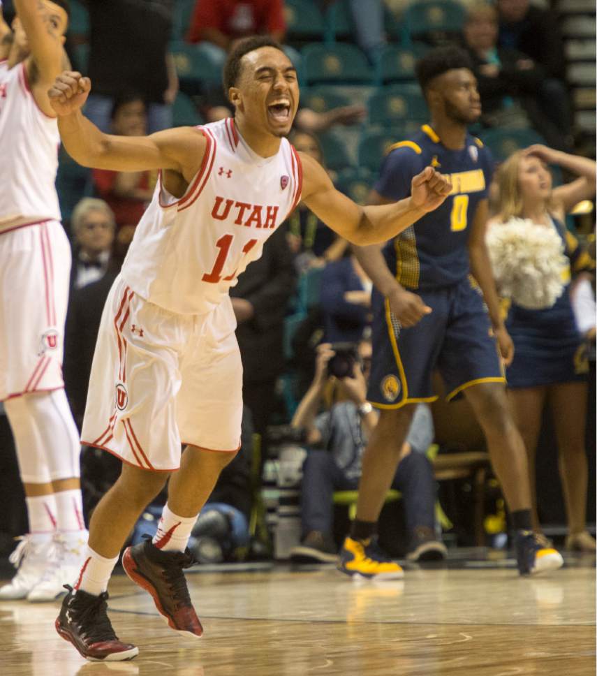 Rick Egan  |  The Salt Lake Tribune

Utah Utes guard Brandon Taylor (11) celebrates the Utes 82-78 overtime win over the California Golden Bears, in PAC-12 Basketball Championship semi-finals, Utah Utes vs.The California Golden Bears, at the MGM Arena, in Las Vegas, Friday, March 11, 2016.