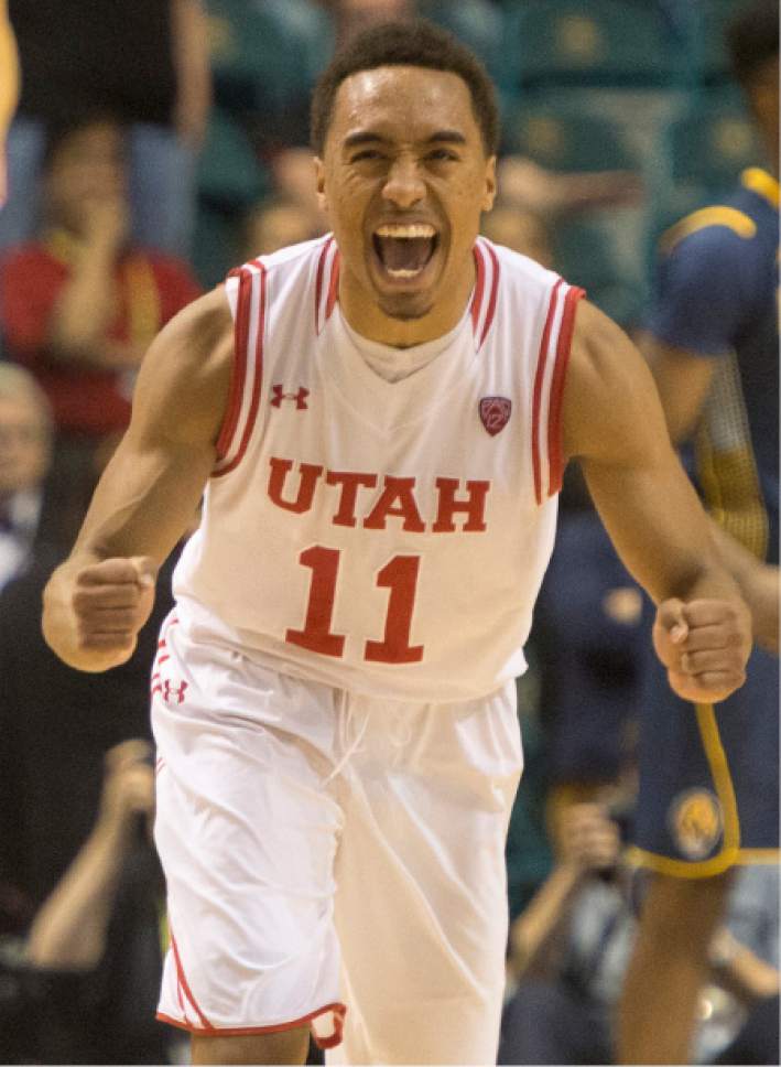 Rick Egan  |  The Salt Lake Tribune

Utah Utes guard Brandon Taylor (11) celebrates the Utes 82-78 overtime win over the California Golden Bears, in PAC-12 Basketball Championship semi-finals, Utah Utes vs.The California Golden Bears, at the MGM Arena, in Las Vegas, Friday, March 11, 2016.