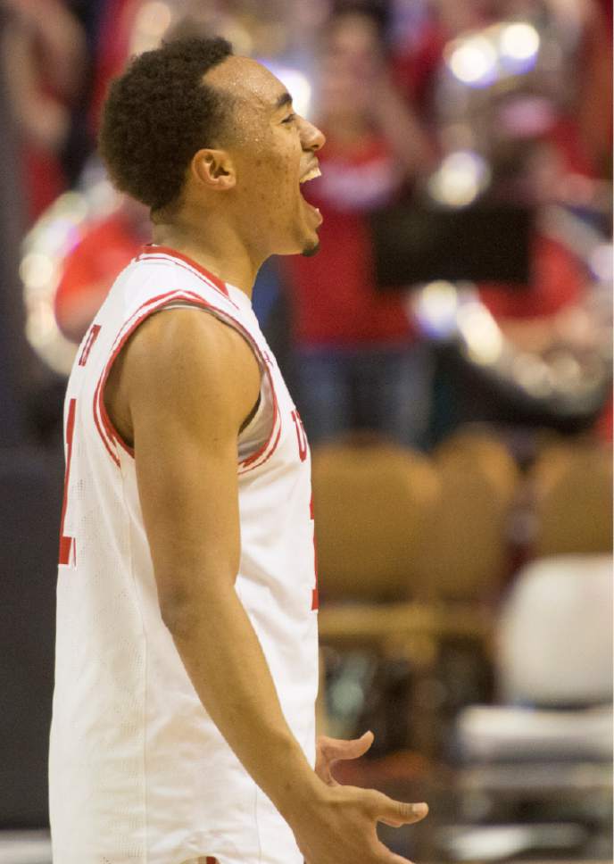 Rick Egan  |  The Salt Lake Tribune

Utah Utes guard Brandon Taylor (11) celebrates the Utes 82-78 overtime win over the California Golden Bears, in PAC-12 Basketball Championship semi-finals, Utah Utes vs.The California Golden Bears, at the MGM Arena, in Las Vegas, Friday, March 11, 2016.