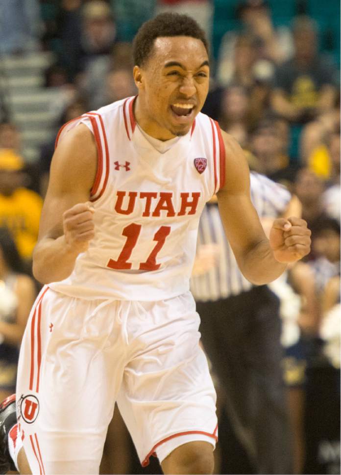 Rick Egan  |  The Salt Lake Tribune

Utah Utes guard Brandon Taylor (11) celebrates the Utes 82-78 overtime win over the California Golden Bears, in PAC-12 Basketball Championship semi-finals, Utah Utes vs.The California Golden Bears, at the MGM Arena, in Las Vegas, Friday, March 11, 2016.