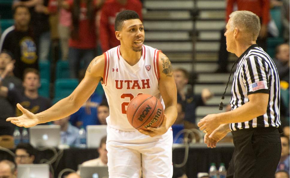 Rick Egan  |  The Salt Lake Tribune

Utah Utes forward Jordan Loveridge (21) pleads his case with the referee, in PAC-12 Basketball Championship semi-finals, Utah Utes vs.The California Golden Bears, at the MGM Arena, in Las Vegas, Friday, March 11, 2016.