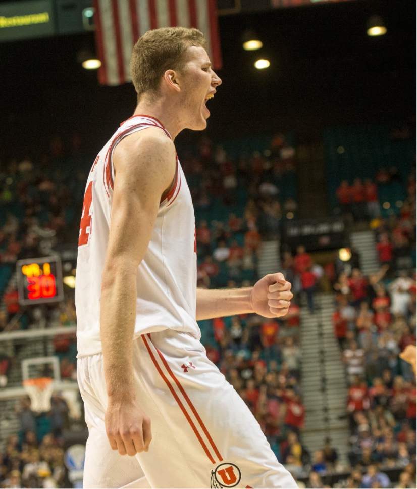 Rick Egan  |  The Salt Lake Tribune

Utah forward Jakob Poeltl (42) reacts as the Utes tie the Golden Bears, 65-65 with 49 seconds left, in PAC-12 Basketball Championship semi-finals, Utah Utes vs.The California Golden Bears, at the MGM Arena, in Las Vegas, Friday, March 11, 2016.