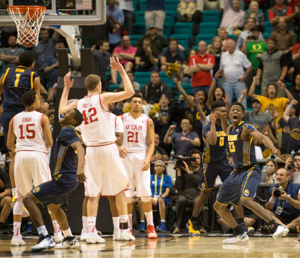 Rick Egan  |  The Salt Lake Tribune

California Golden Bears guard Jabari Bird (23) celebrates his shot, with a foul, putting California Golden Bears up 69-68 with 4.3 seconds left on the clock, in PAC-12 Basketball Championship semi-finals, Utah Utes vs.The California Golden Bears, at the MGM Arena, in Las Vegas, Friday, March 11, 2016.