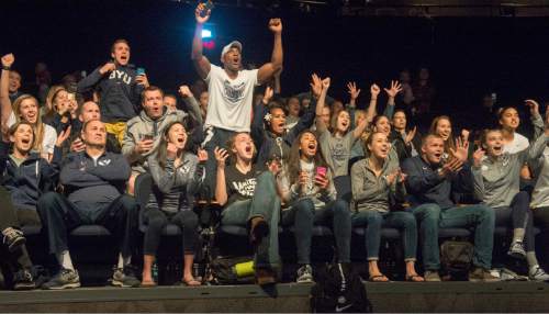 Rick Egan  |  The Salt Lake Tribune

The BYU women's basketball team reacts to the announcement that they will play Missouri on Saturday at 4:30 p.m. in Austin, Texas, in the NCAA Tournament during the Selection Show on ESPN, in Studio C at Brigham Young University, Monday March 14, 2016.