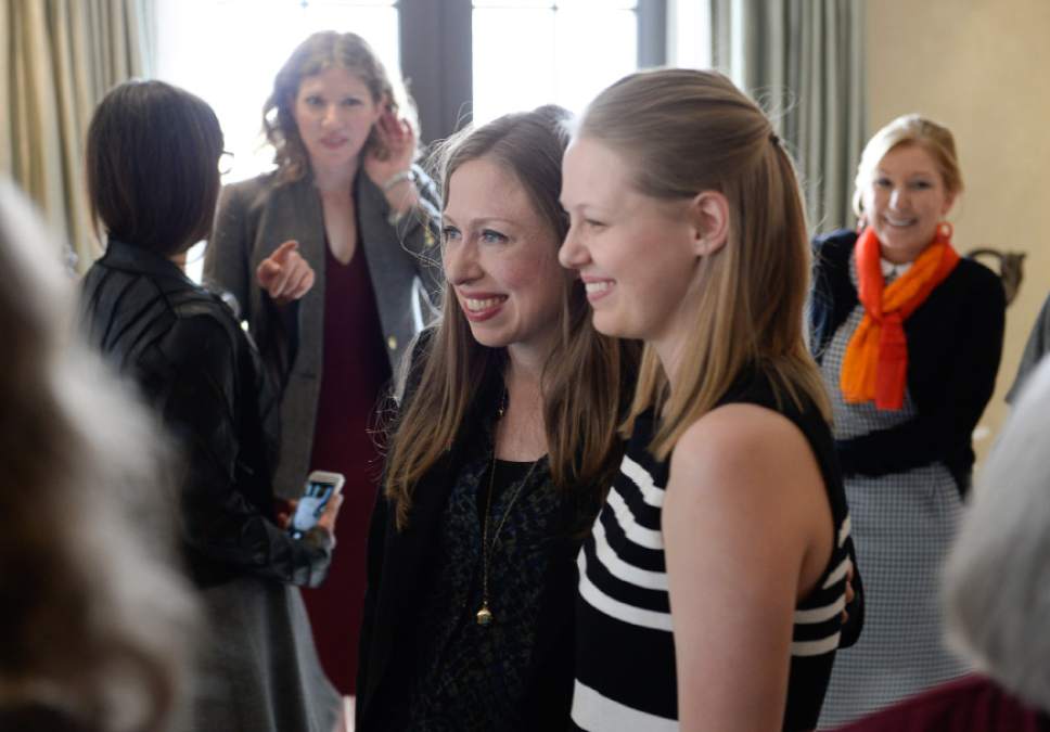 Francisco Kjolseth | The Salt Lake Tribune
Chelsea Clinton, the daughter of Hillary Clinton, poses for a photograph with 18-year-old Hillary supporter Madeline Knauer of Park City during a "Women for Hillary" event held at the home of Diane and Sam Stewart in Salt Lake City on Tuesday, March 15, 2016.