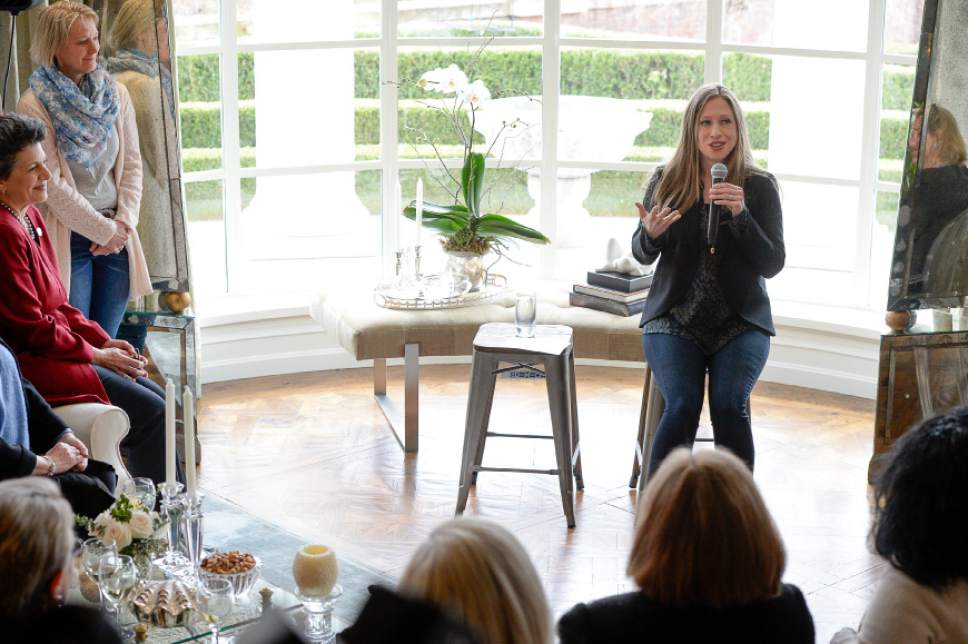 Francisco Kjolseth | The Salt Lake Tribune
Chelsea Clinton, the daughter of Hillary Clinton, speaks at a "Women for Hillary" event held at the home of Diane and Sam Stewart in Salt Lake City on Tuesday, March 15, 2016.