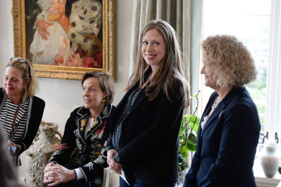 Francisco Kjolseth | The Salt Lake Tribune
Chelsea Clinton, the daughter of Hillary Clinton, is joined by Salt Lake City Mayor Jackie Biskupski as she is introduced at a "Women for Hillary" event held at the home of Diane and Sam Stewart in Salt Lake City on Tuesday, March 15, 2016.