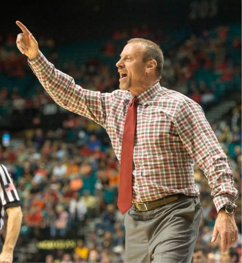 Rick Egan  |  The Salt Lake Tribune

Utah Utes head coach larry Krystkowiak shouse instructions to his team, in PAC-12 Basketball Championship semi-finals, Utah Utes vs.The California Golden Bears, at the MGM Arena, in Las Vegas, Friday, March 11, 2016.