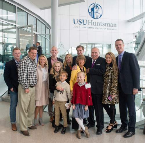 Rick Egan  |  The Salt Lake Tribune

Jon M. Huntsman gathers together with some of his family members as they celebrate the new $50 Million building in the Jon M. Huntsman School of Business, Wednesday, March 16, 2016.