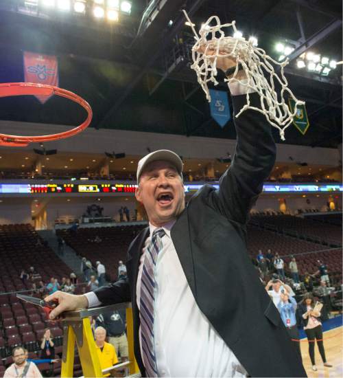 Rick Egan  |  The Salt Lake Tribune

Brigham Young Cougars head coach Jeff Judkins holds up the net, after BYU defeated the San Francisco Dons 76-65, in the West Coast Conference Women's Basketball Championship game, at the Orleans Arena, in Las Vegas, Tuesday, March 10, 2015