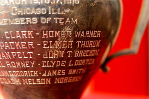 Trent Nelson  |  The Salt Lake Tribune
The University of Utah's 1916 AAU Championship Trophy, on display at the Huntsman Center in Salt Lake City, Tuesday March 15, 2016.