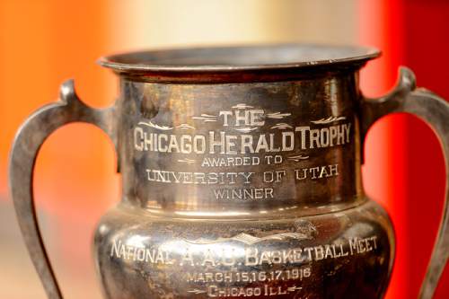 Trent Nelson  |  The Salt Lake Tribune
The University of Utah's 1916 AAU Championship Trophy, on display at the Huntsman Center in Salt Lake City, Tuesday March 15, 2016.