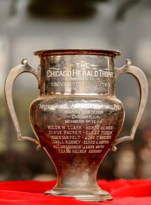 Trent Nelson  |  The Salt Lake Tribune
The University of Utah's 1916 AAU Championship Trophy, on display at the Huntsman Center in Salt Lake City, Tuesday March 15, 2016.