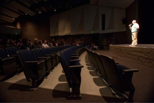 Rick Egan  |  The Salt Lake Tribune

Clark Hill tells the story of his daughter Chelsie, as he talks to the seniors at Herriman High about the dangers of distracted driving, Thursday, March 17, 2016.