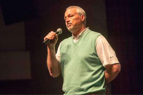 Rick Egan  |  The Salt Lake Tribune

Clark Hill tells the story of his daughter Chelsie, as he talks to the seniors at Herriman High about the dangers of distracted driving, Thursday, March 17, 2016.