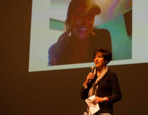 Rick Egan  |  The Salt Lake Tribune

Debbie Hill, tell the story of her daughter Chelsie, during an assembly with the seniors at Herriman High about the dangers of distracted driving, Thursday, March 17, 2016.