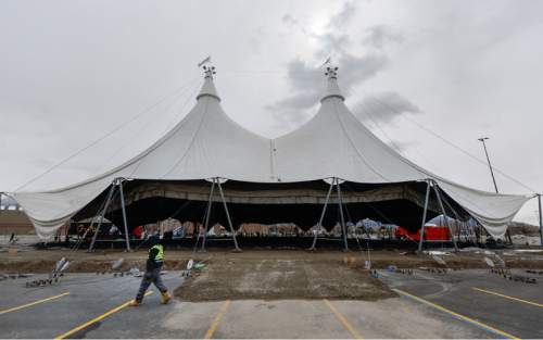 Francisco Kjolseth | The Salt Lake Tribune
The media gets a look at what is to come in Sandy as crews erect the tent for "Odysseo," a horse-and-human extravaganza to be performed in April at the South Towne Mall parking lot. Standing 125 feet tall, the tent is the size of an NFL football field and will include 2,000 seats and a stage of 17,500 square feet.