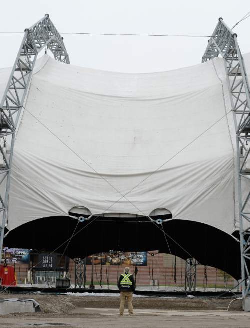 Francisco Kjolseth | The Salt Lake Tribune
The media gets a look at what is to come in Sandy as crews erect the tent for "Odysseo," a horse-and-human extravaganza to be performed in April at the South Towne Mall parking lot. Standing 125 feet tall, the tent is the size of an NFL football field and will include 2,000 seats and a stage of 17,500 square feet.