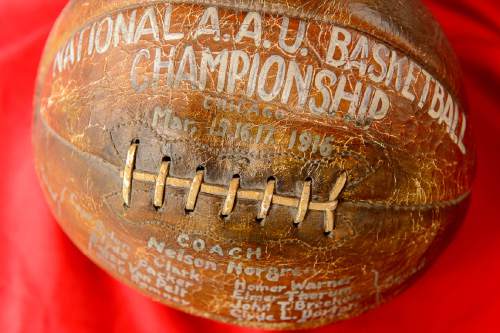 Trent Nelson  |  The Salt Lake Tribune
A commemorative basketball from the University of Utah's 1916 AAU Championship, on display at the Huntsman Center in Salt Lake City, Tuesday March 15, 2016.