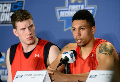 Scott Sommerdorf   |  The Salt Lake Tribune  
University of Utah center Jakob Poeltl, left, and Jordan Loveridge answer questions during the interview session prior to their practice in Denver, Wednesday, March 16, 2016. They will face Fresno State Thursday.