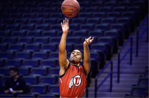 Scott Sommerdorf   |  The Salt Lake Tribune  
University of Utah G Brandon Taylor practices from behind the 3-point line during the Utah practice session in Denver, Wednesday, March 16, 2016. They will face Fresno State Thursday.