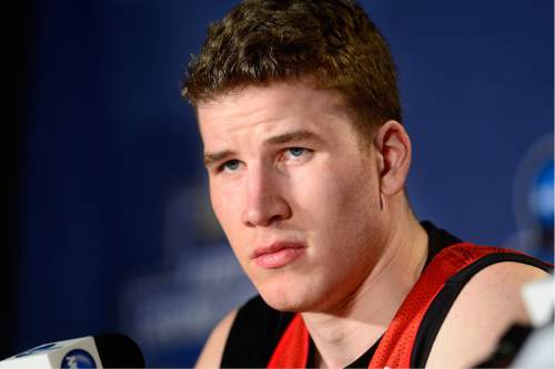 Scott Sommerdorf   |  The Salt Lake Tribune  
University of Utah center Jakob Poeltl listens to questions during the interview session prior to their practice in Denver, Wednesday, March 16, 2016.