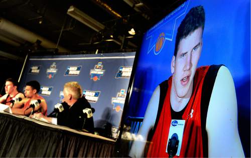 Scott Sommerdorf   |  The Salt Lake Tribune  
University of Utah center Jakob Poeltl answers a question during the interview session prior to their practice in Denver, Wednesday, March 16, 2016.