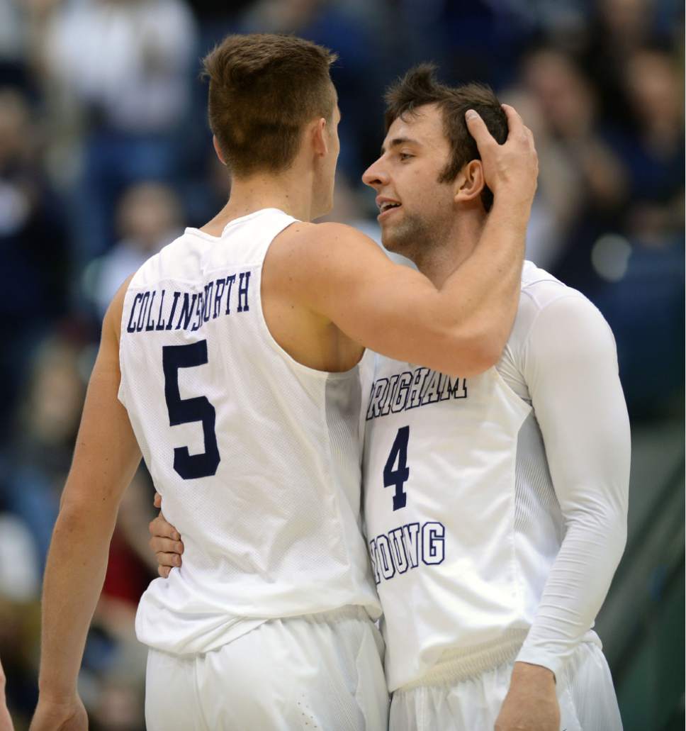 Steve Griffin  |  The Salt Lake Tribune


Brigham Young Cougars guard Kyle Collinsworth (5) and Brigham Young Cougars guard Nick Emery (4) embrace at the end to he half as the Cougars opened up a 20 point lead during the first round of the NIT between BYU and UAB at the Marriott Center in Provo, Wednesday, March 16, 2016.
