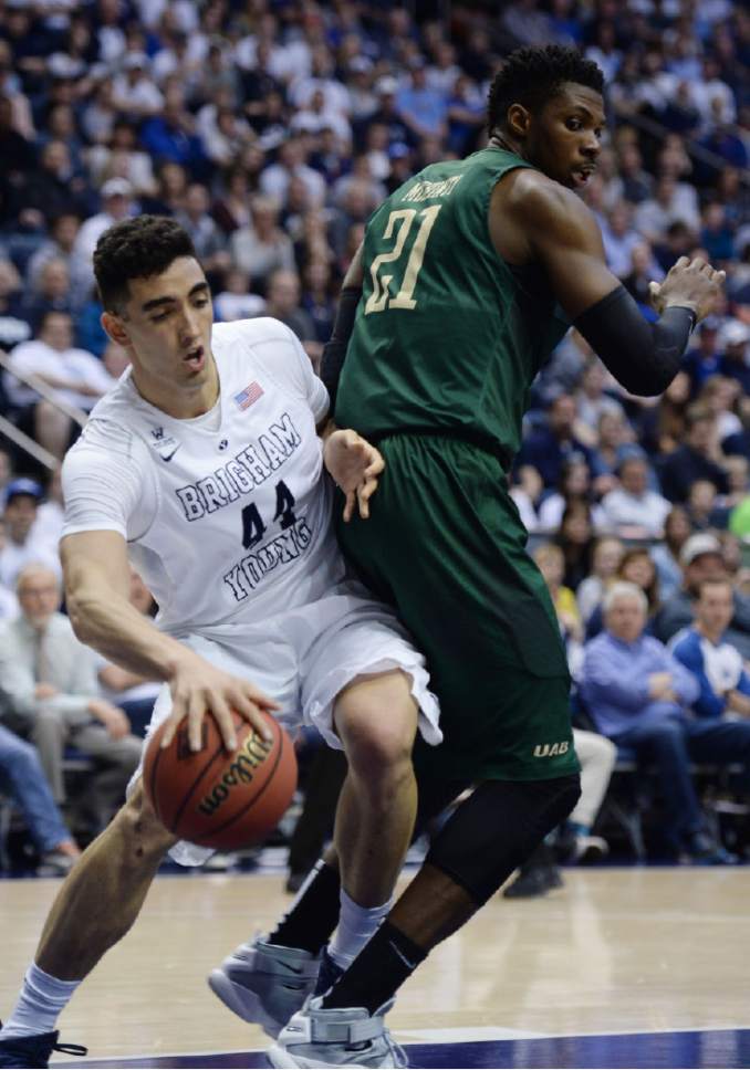 Steve Griffin  |  The Salt Lake Tribune


Brigham Young Cougars center Corbin Kaufusi (44) gets behind UAB Blazers forward Tosin Mehinti (21) during the first round of the NIT between BYU and UAB at the Marriott Center in Provo, Wednesday, March 16, 2016.