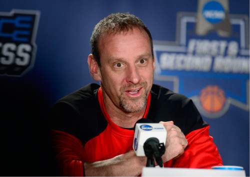 Scott Sommerdorf   |  The Salt Lake Tribune  
Utah head coach Larry Krystkowiak offered an anecdote about a Michigan State fan who met him at the team hotel after the Fresno State game and said that he was glad Utah won, because then that would mean the Spartans would have an easier time in the later rounds. After Michigan State was eliminated earlier Thursday, Krystkowiak said he'd like to meet that fan again and see how he is feeling now, Thursday, March 17, 2016.